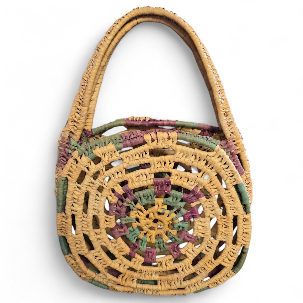 Woven Round Straw Shoulder Bag in Natural with Pink & Green Accents